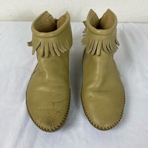 Minnetonka Fringe Ankle Moccasins in Light Tan
